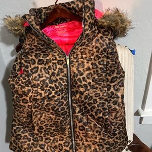 Juicy Couture Leopard Print Puffer Vest with Faux Fur Hood size small